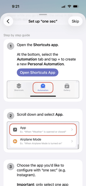 setting up shortcuts app with one sec (1)